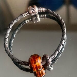 Pandora black leather braided bracelet Silver 925 & Amber Charms band unisex